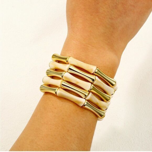 Gold and Cream Bamboo-Inspired Stackable Bracelets - Picture 1 of 6
